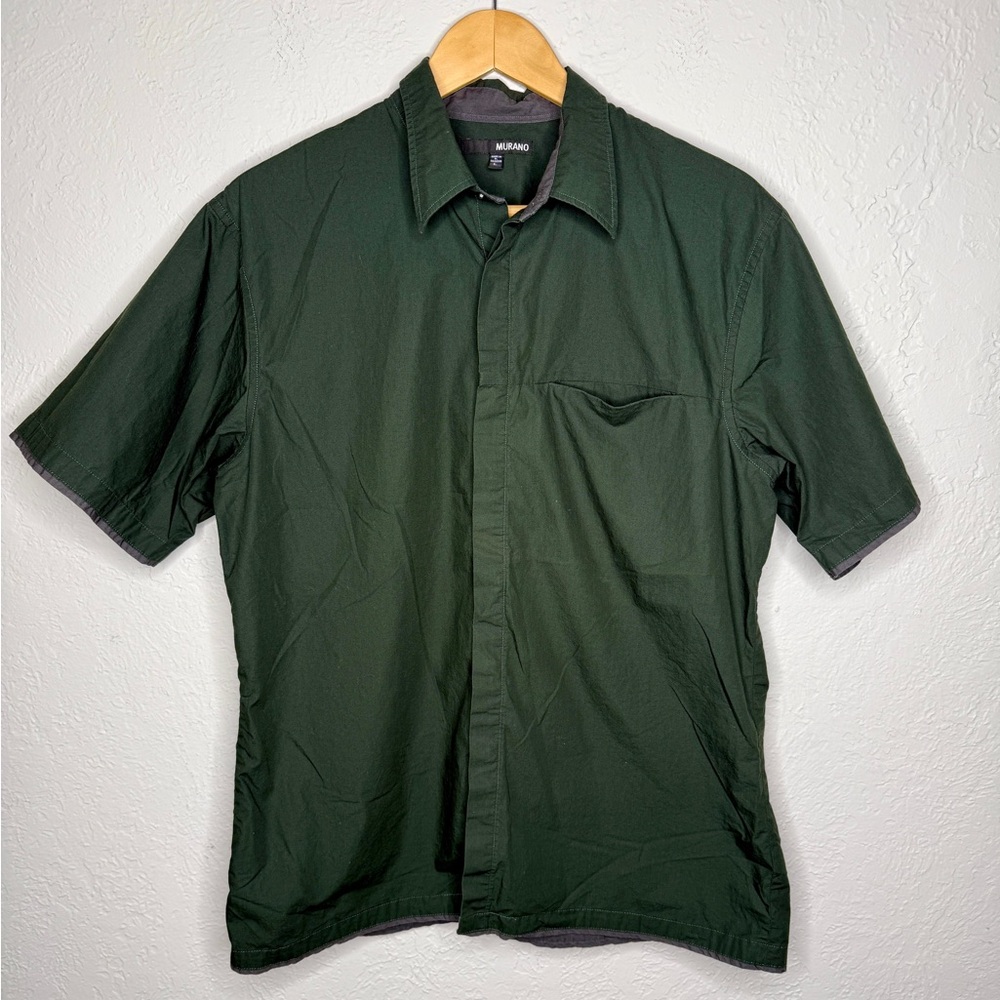 Murano Poplin Hidden Button Front Men’s Shirt Large Forest Green Short Sleeve